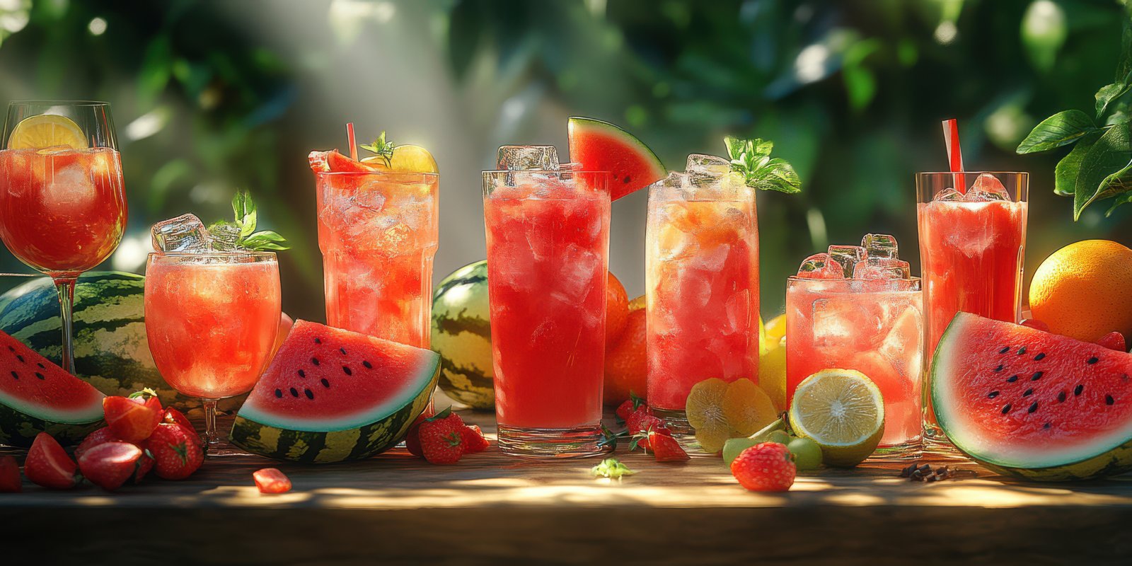 Refreshing watermelon cocktails arranged beautifully on a wooden table surrounded by fresh fruits in a sunny garden setting